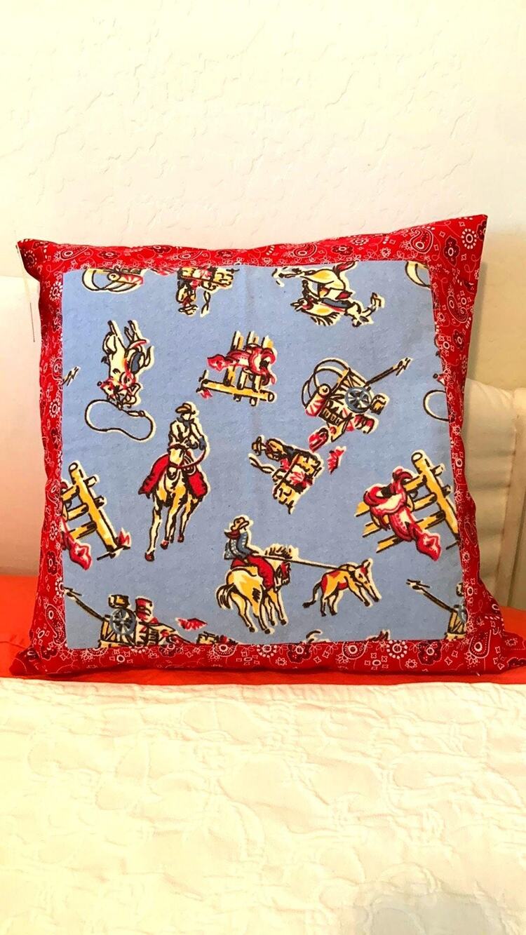 Vintage Cowboy Pillow Sham, Red Bandana Border, Upcycled Flannel
